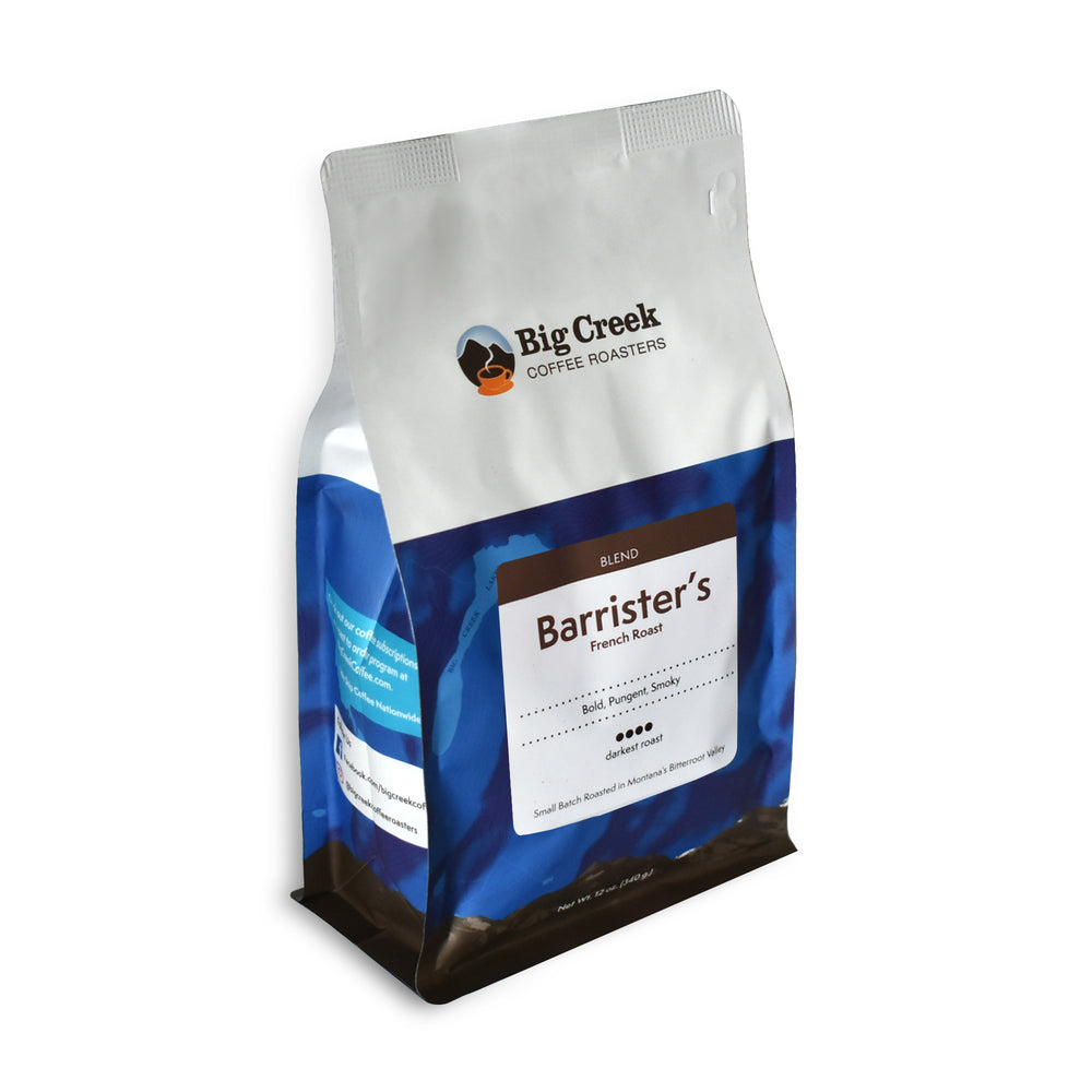 bag of Barrister's Blend french roast from Big Creek Coffee